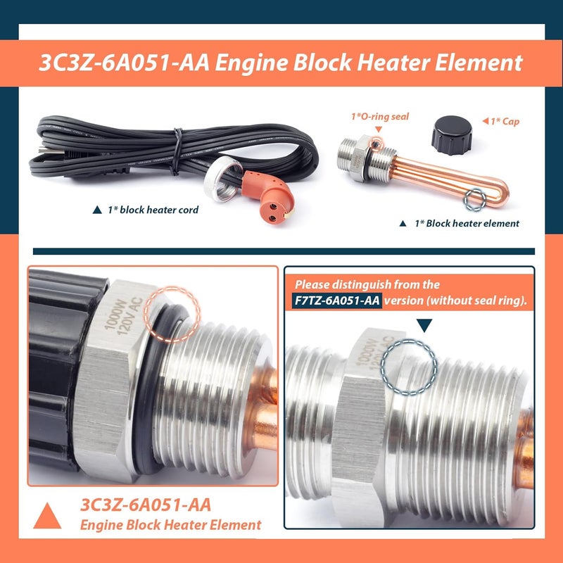 Lisnhlin 3C3Z-6A051-AA Engine Block Heater Element with O-ring seal and Cord Replacement for Ford F250 F350 F450 F550 for Super Duty E150 E250 E350 E450 for Econoline Van for Excursion for Powerstroke - Image 2